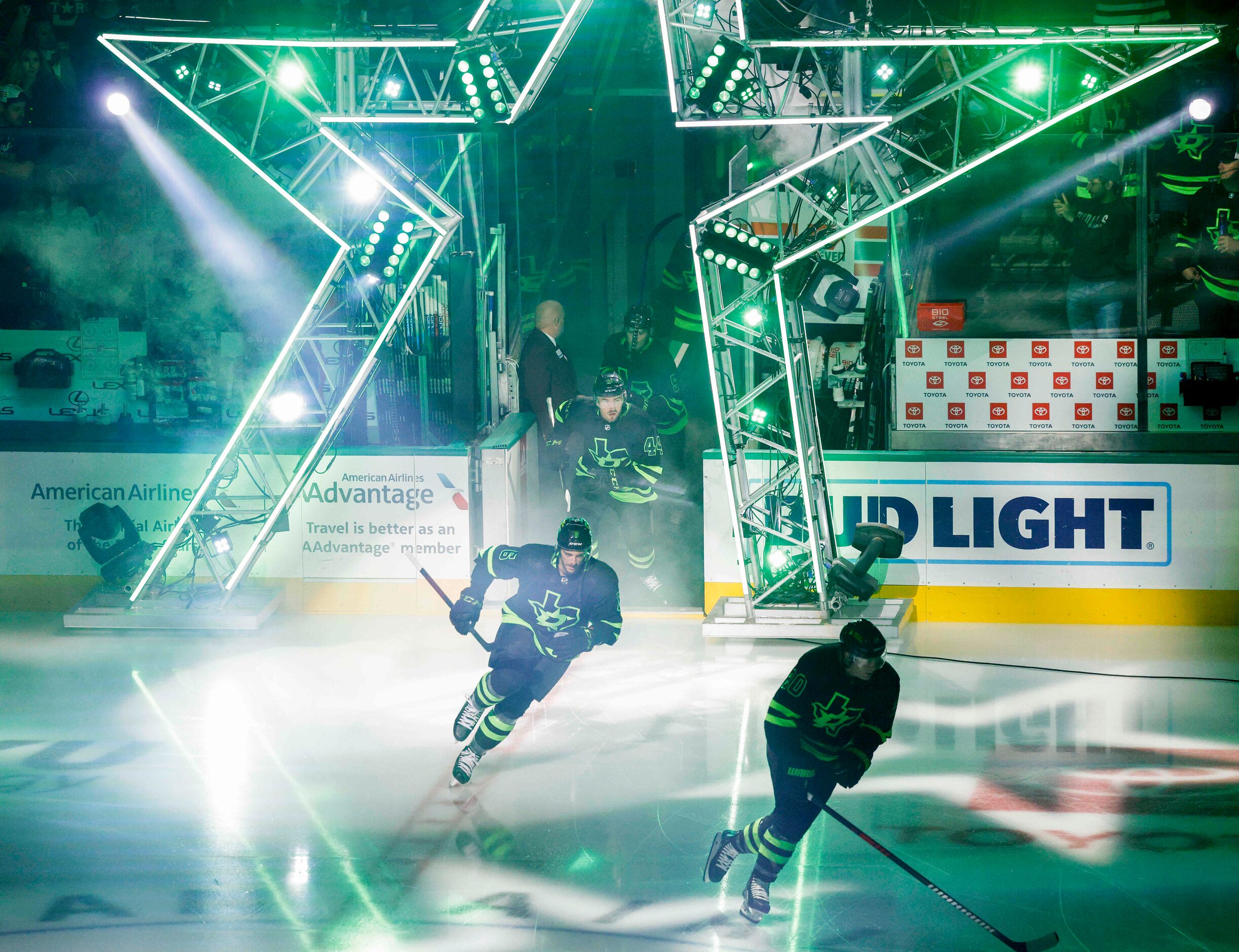 The Dallas Stars take the ice before the first period of an NHL hockey game against the New...