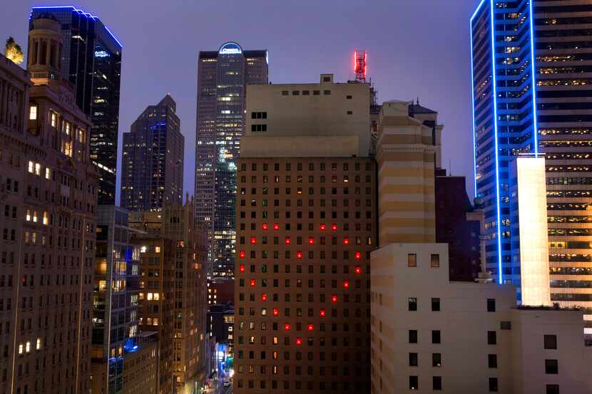 The Adolphus Hotel in downtown Dallas sends a message of love to those on the front lines of...
