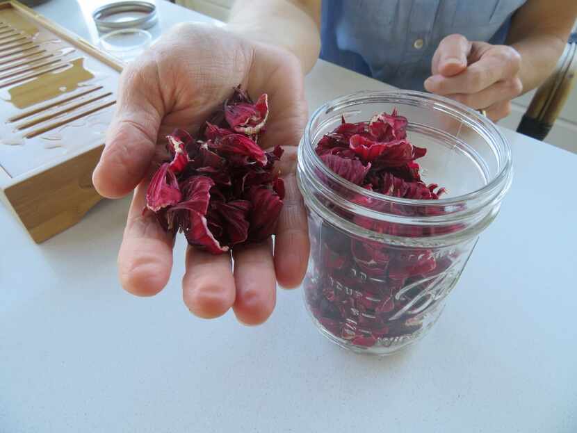 Annie Favia-Erickson holds organic Hibiscus tea leaves that she sells under the Erda Tea label.