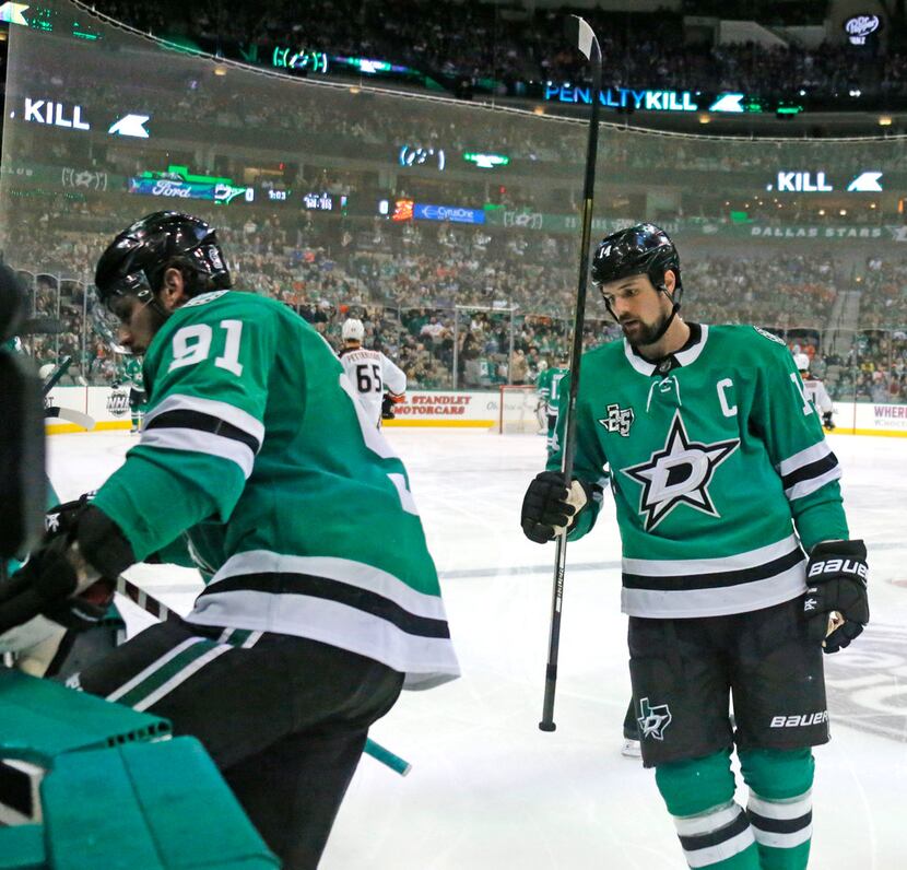 Dallas Stars Tyler Seguin (91) and Jamie Benn (14) are pictured during the Anaheim Ducks vs....