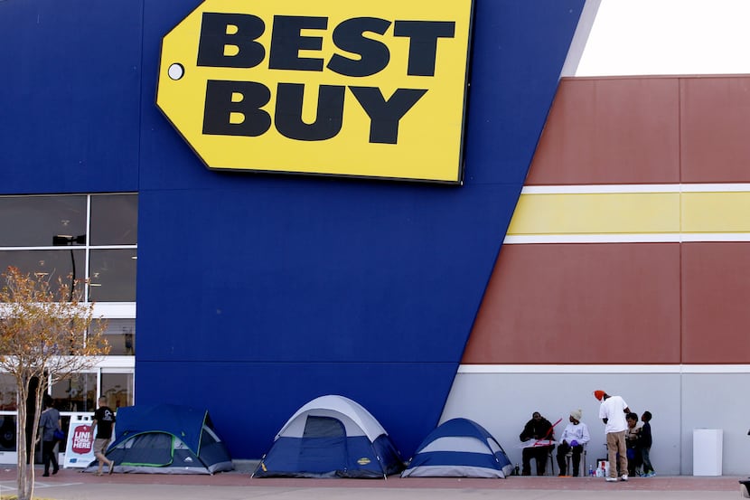 Shoppers camp outside a Best Buy store in Cockrell Hill, Texas, Monday, Nov. 19, 2012.  The...