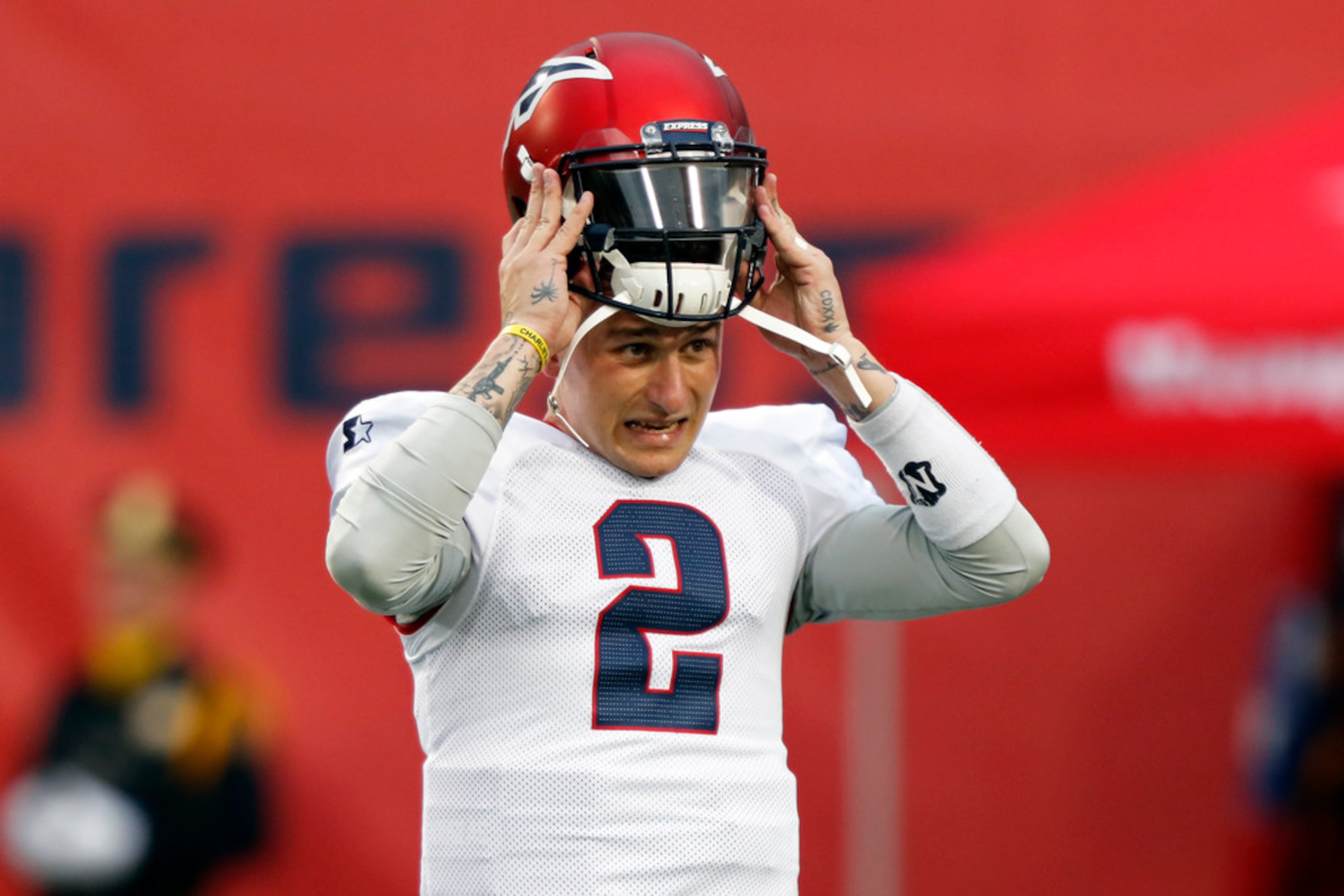 Memphis Express quarterback Johnny Manziel is seen during warms ups before an AAF football...