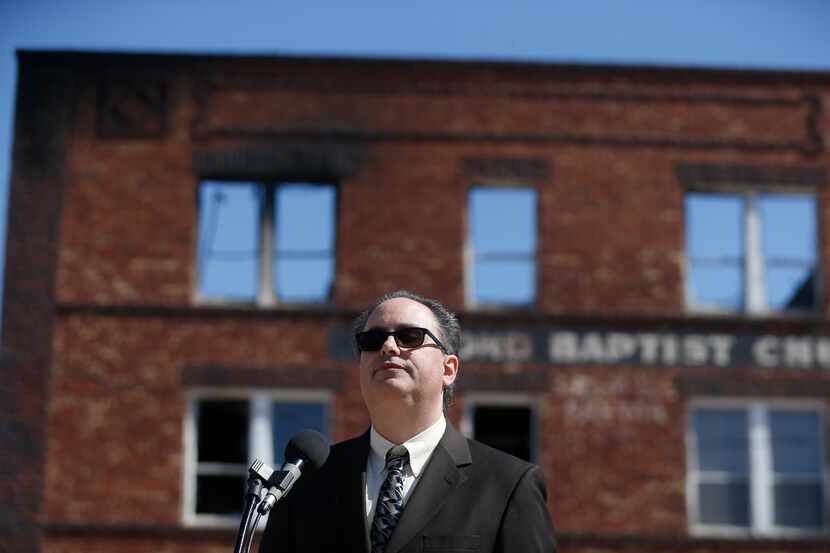 Pastor Wade Berry preaches a sermon outside Second Baptist Church on Sunday, March, 20, 2022...