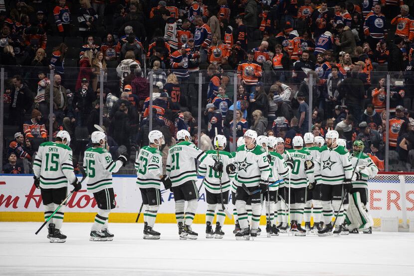 Dallas Stars celebrate a win over the Edmonton Oilers in an NHL hockey game Thursday, Nov....