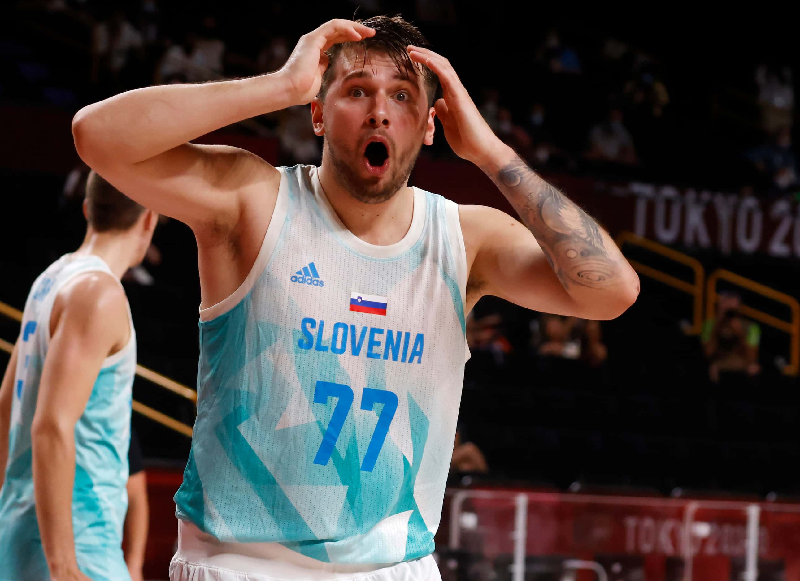 Slovenia’s Luka Doncic (77) reacts to a play in a game against Australia during the fourth...