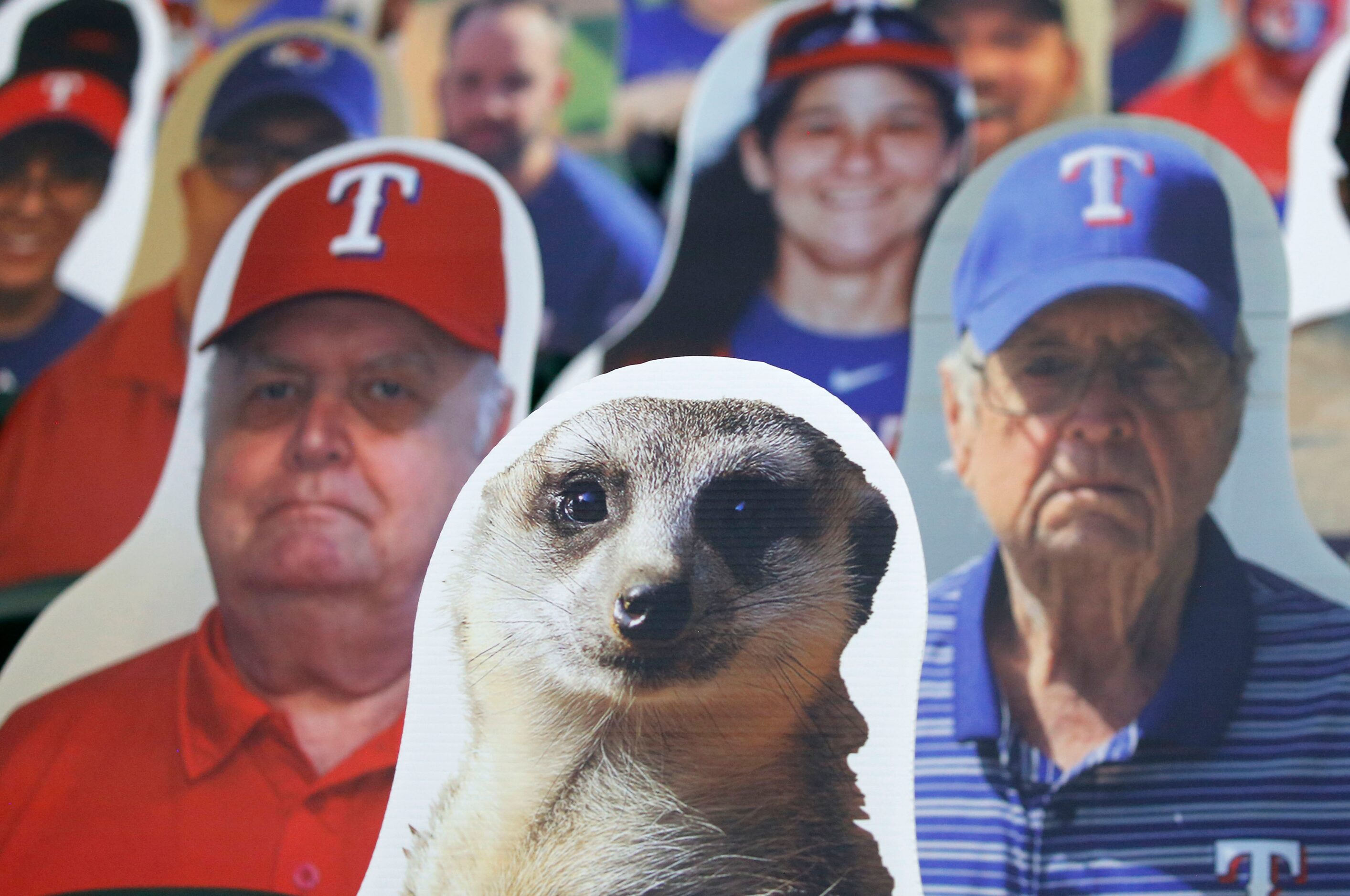 DoppelRangers sit in the place of fans in the stands during the opening day game between the...