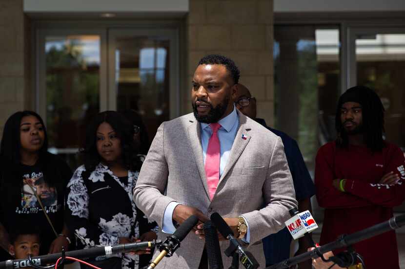 Attorney Lee Merritt speaks at a press conference at the Collin County Courthouse on July...