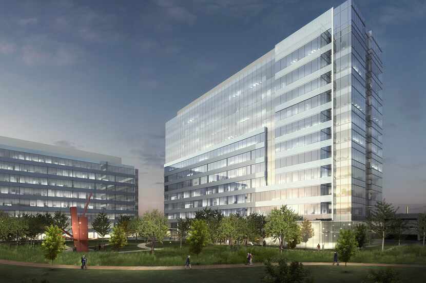 Hall Park's next office building, shown on the right in this artist's rendering, will add...