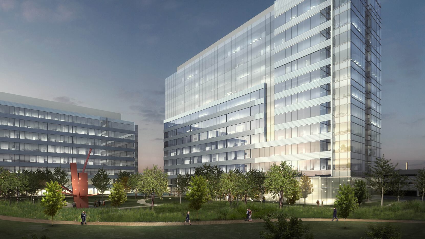 Hall Park's next office building, shown on the right in this artist's rendering, will add...