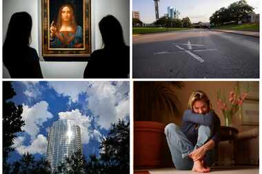A combination image shows Christie's employees in front of Leonardo da Vinci's "Salvator...