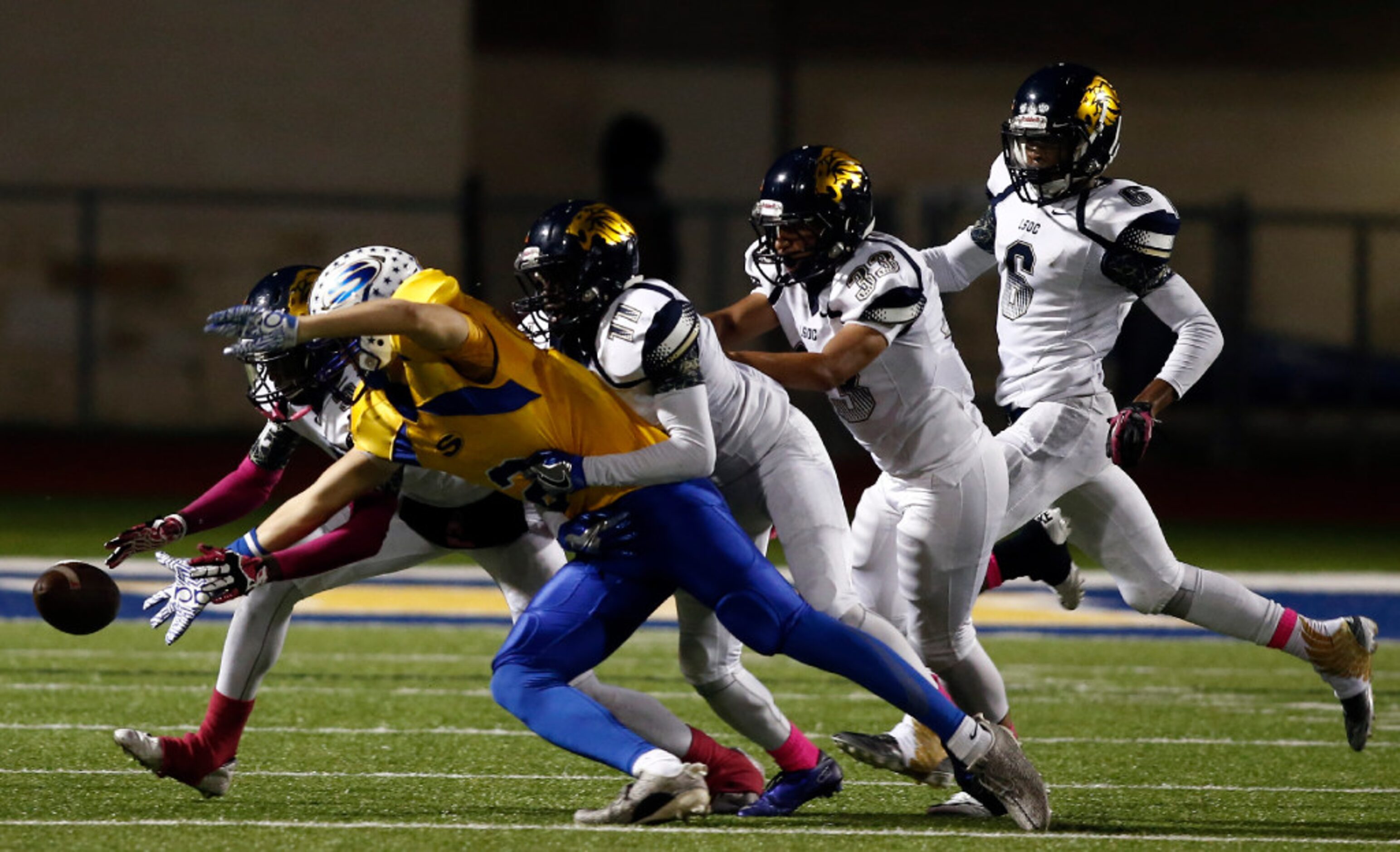 Sunnyvale wide receiver Cash Goodhart (2) fumbles after making the catch as Life Oak Cliff...