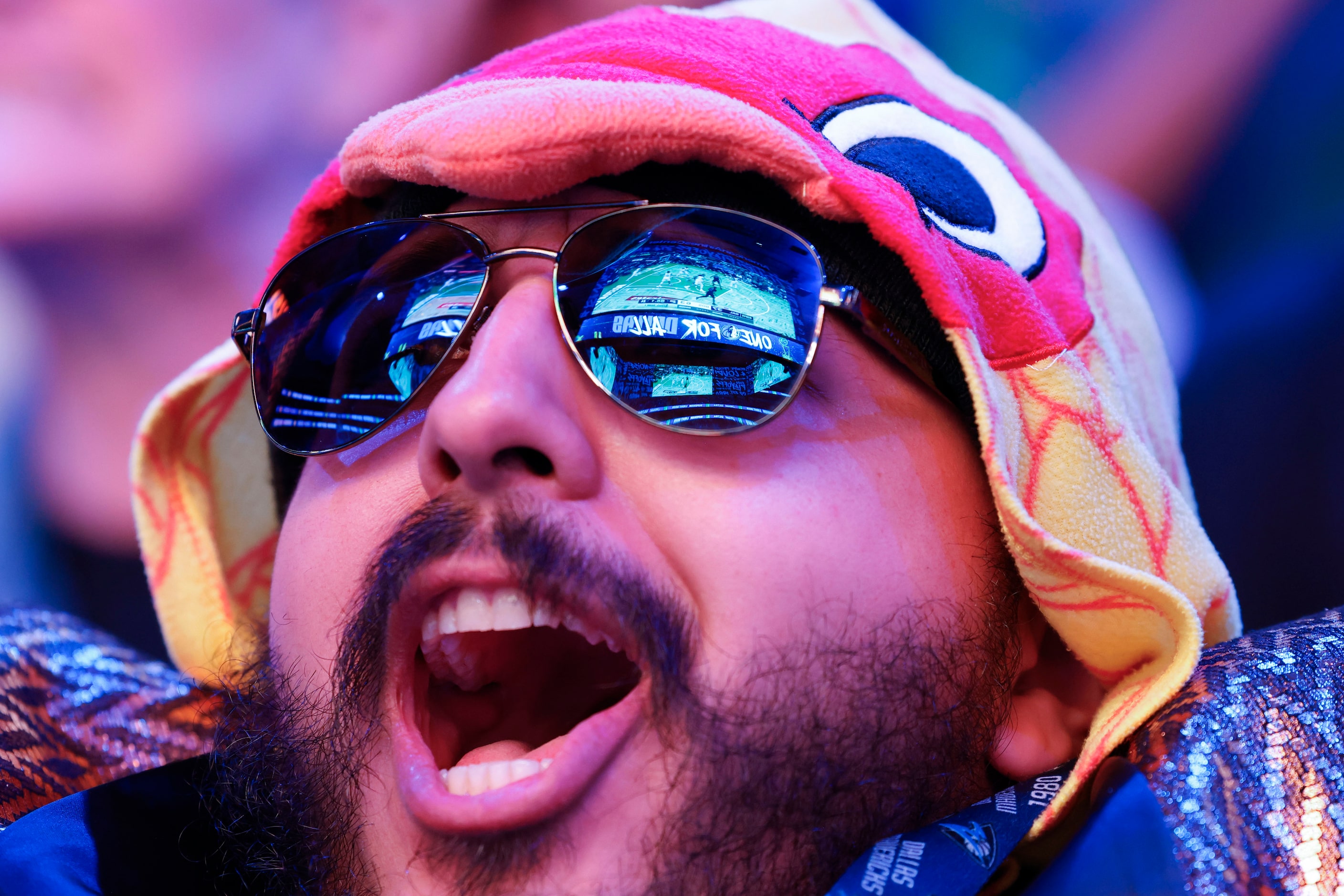 James Nunez reacts to Dallas Mavericks point during a watch party of Game 1 of the NBA...