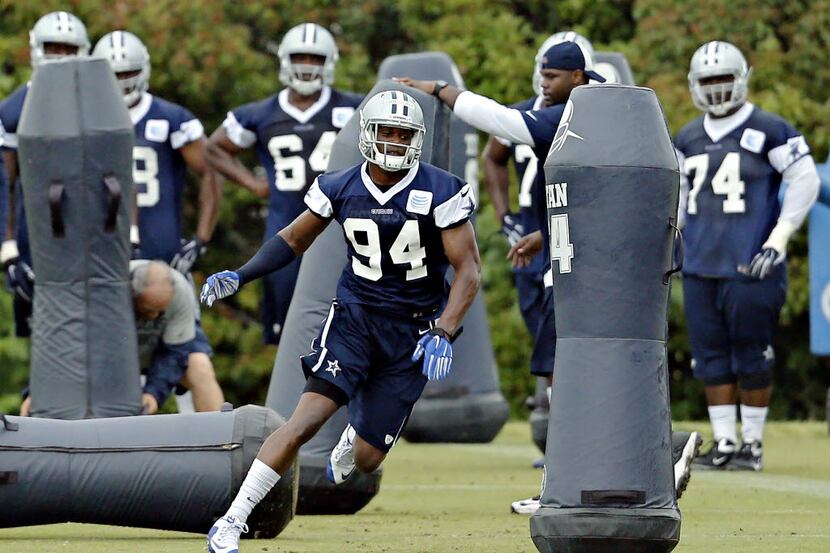 Dallas Cowboys defensive end Randy Gregory runs a drill during a minicamp for rookie players...