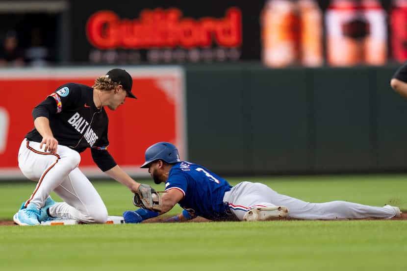 Texas Rangers' Leody Taveras (3) steals second base in front of Baltimore Orioles shortstop...