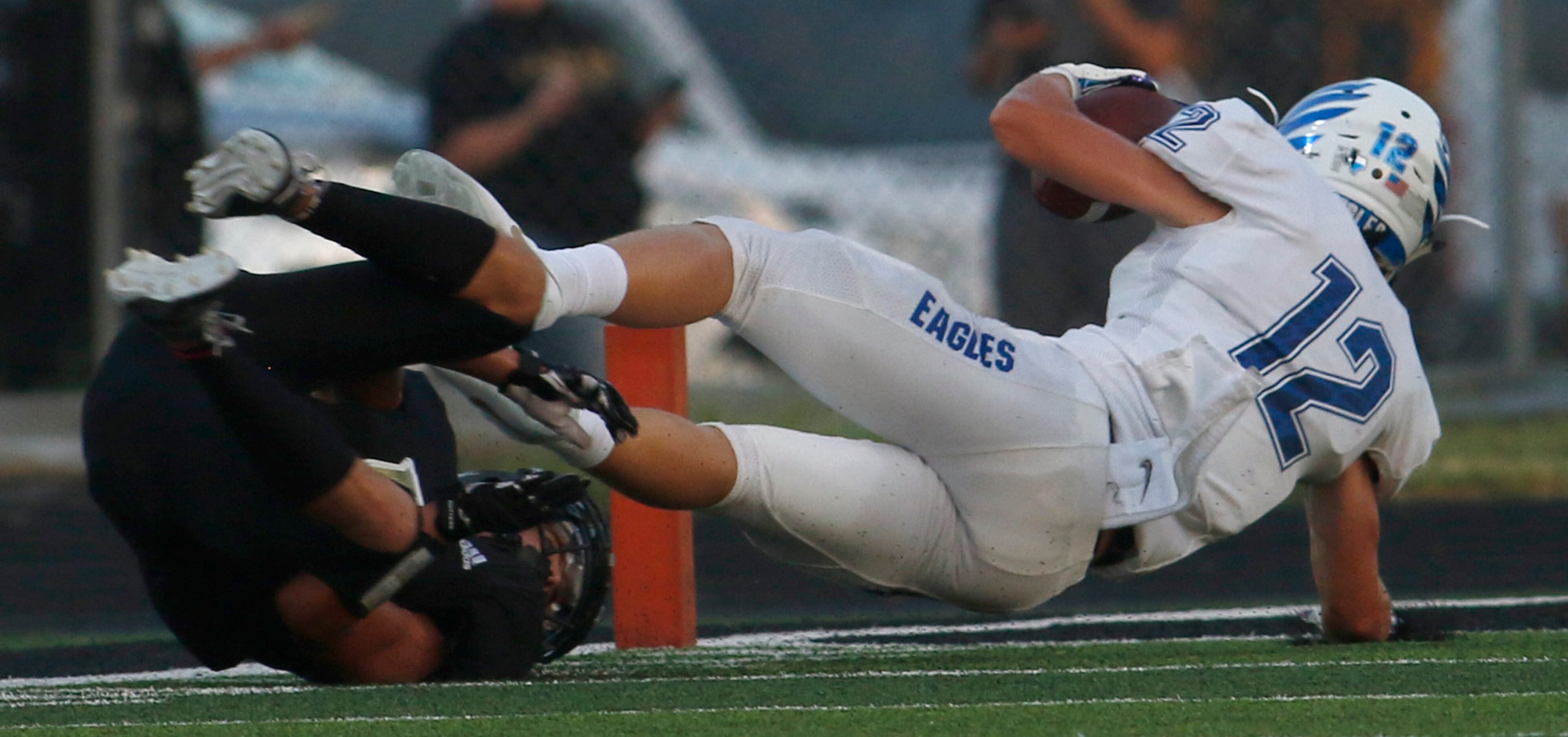 Kaufman defensive back Kyndall Trudeau (1), made a touchdown saving tackle following a first...