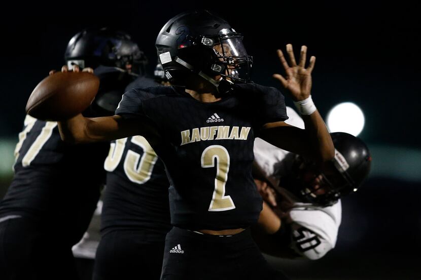 in the first half of their high school football game in Kaufman, Texas, Friday, September...