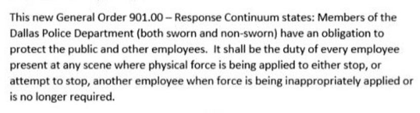 The content of Dallas Police Chief U. Renee Hall's "duty to intervene" order.