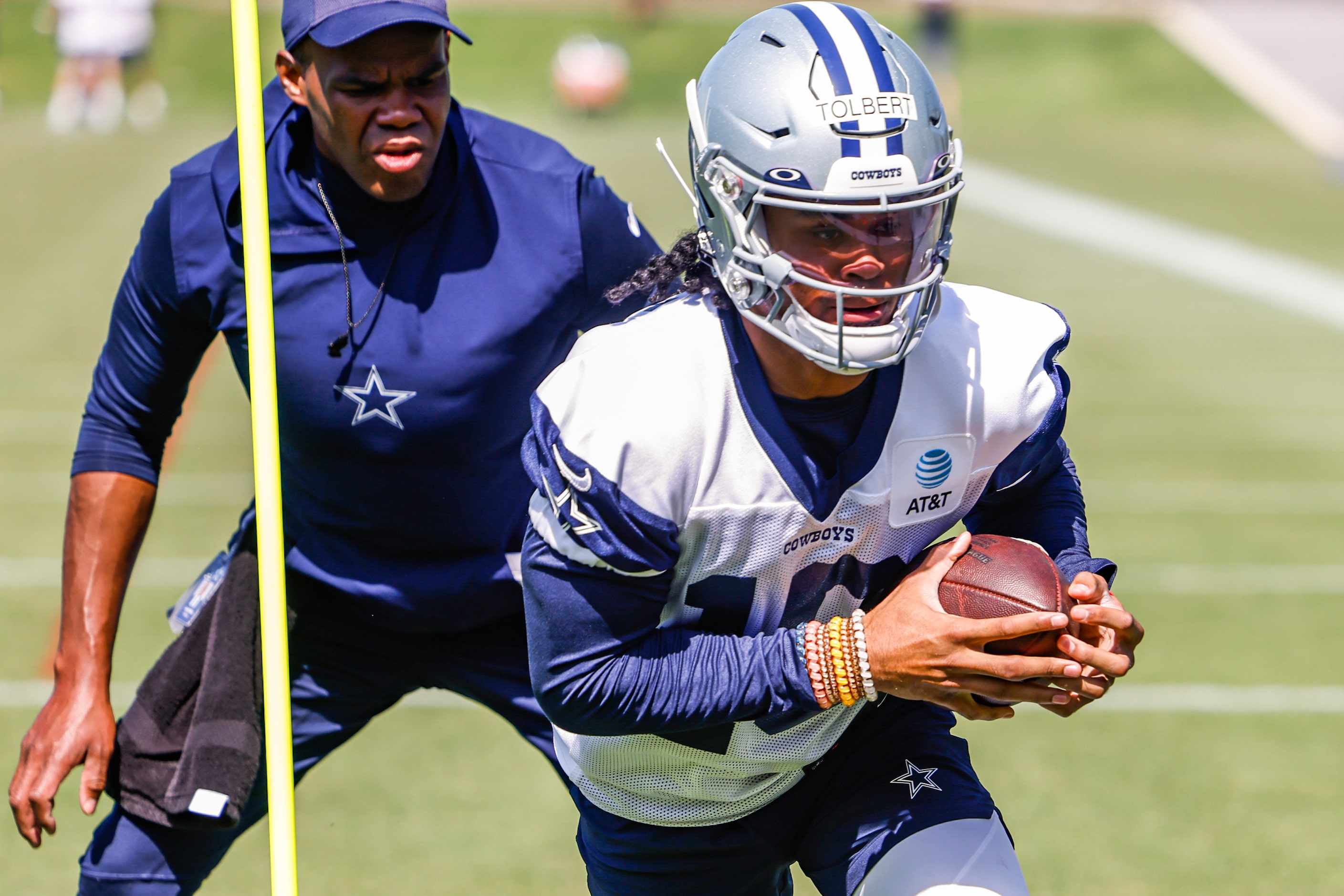 Dallas Cowboys wide receiver (18) Jalen Tolbert during a Cowboys rookie minicamp at The Star...