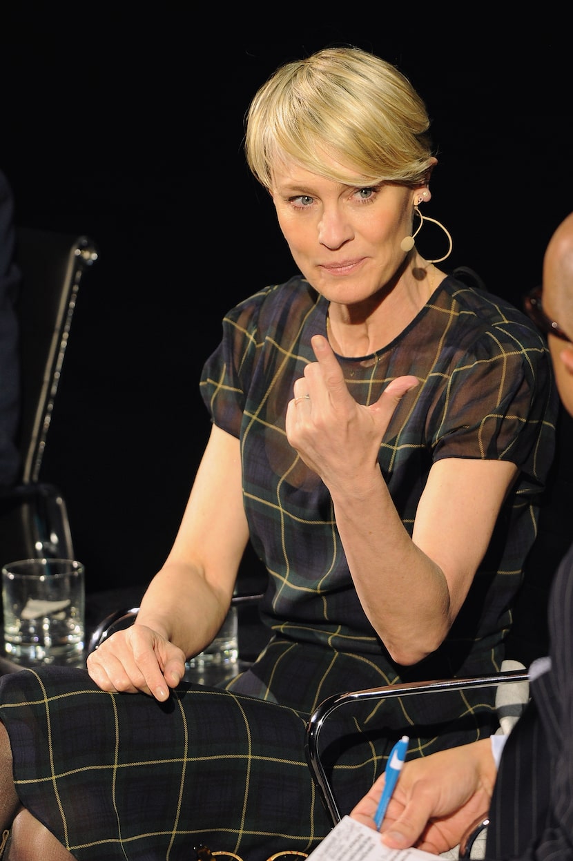 Robin Wright speaks on stage during the Women In The World Summit held in New York on Friday.