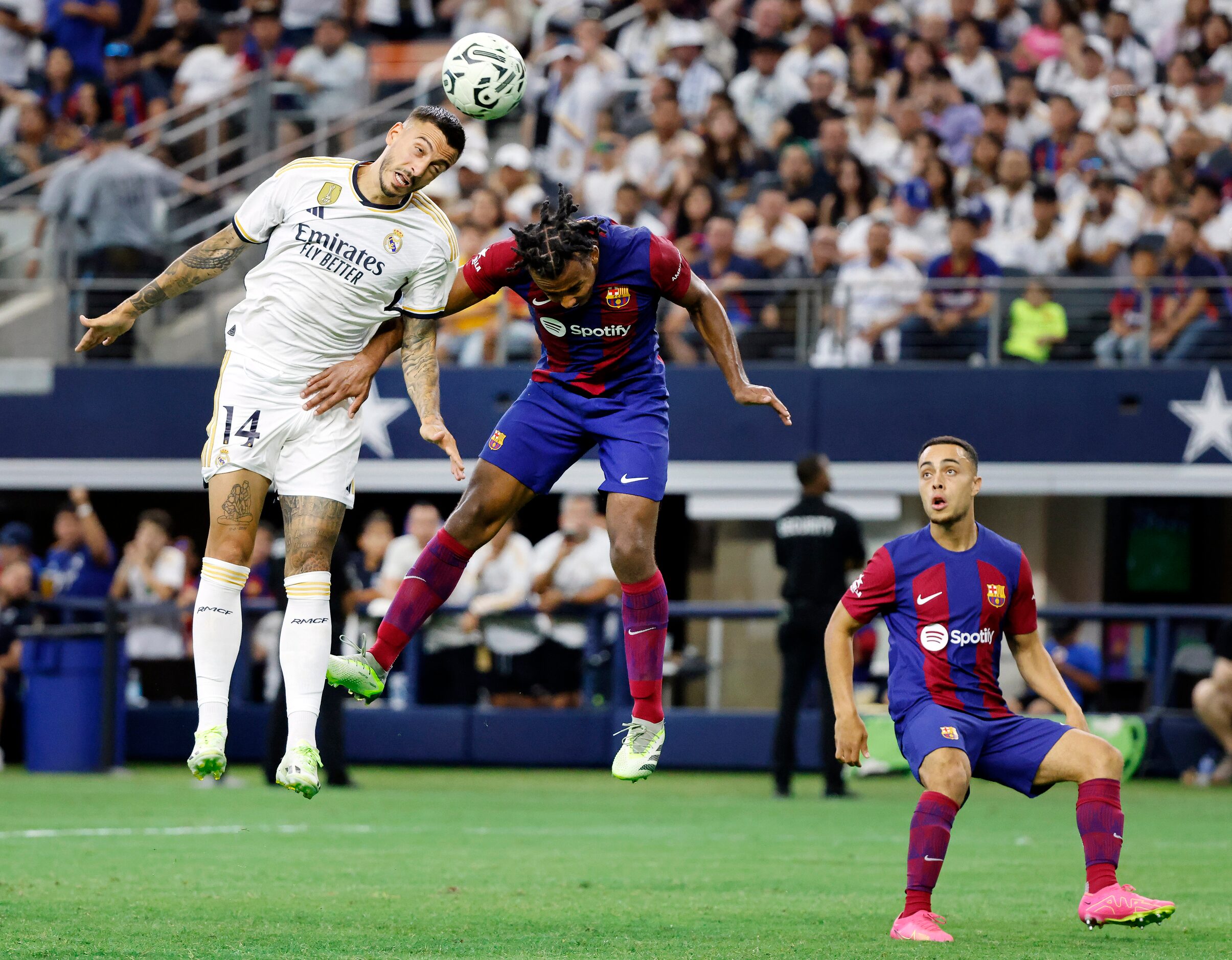 Real Madrid’s Joselu (14) tries to head the ball to the goal on a second half corner kick...