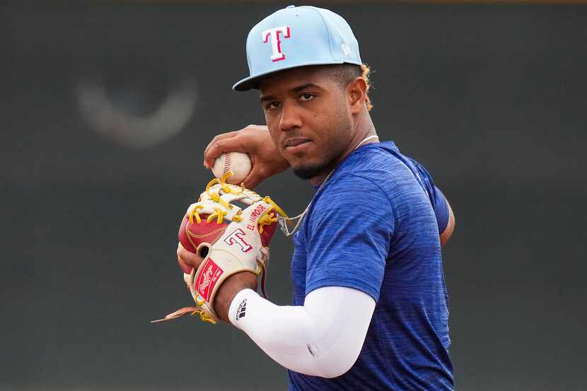 Texas Rangers minor league infielder Echedry Vargas participates in a spring training...