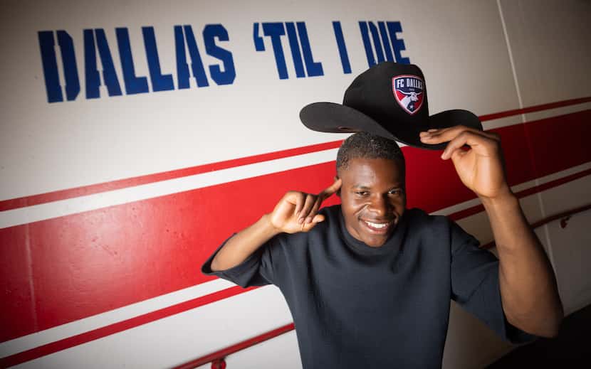 FC Dallas forward Bernard Kamungo does his celebration pose while wearing a cowboy hat for a...