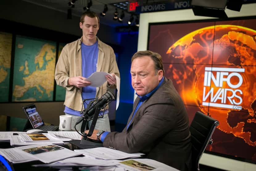 Alex Jones, the right-wing conspiracy theorist, before his show in Austin, Feb. 17, 2017....