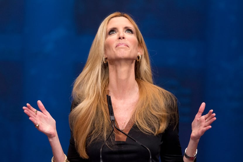 FILE - In this Feb. 10, 2012, file photo, Ann Coulter gestures while speaking at the...