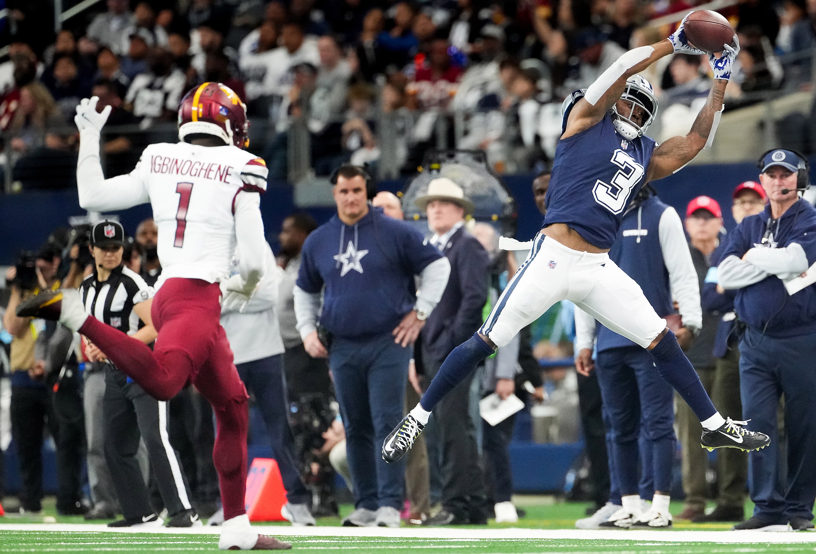 Dallas Cowboys wide receiver Brandin Cooks (3) makes a catch as Washington Commanders...