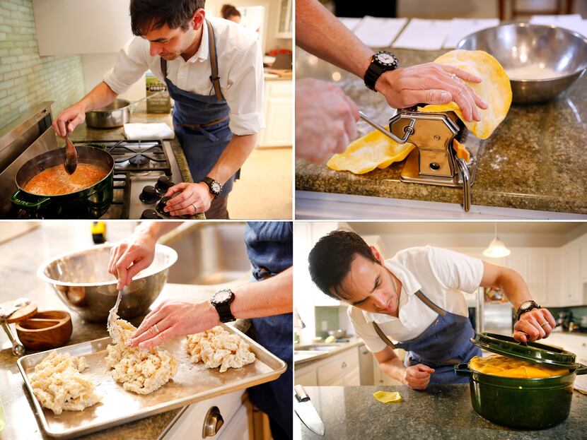 Clockwise from top left: Barsotti makes Bolognese; rolling out a pasta sheet; dividing the...