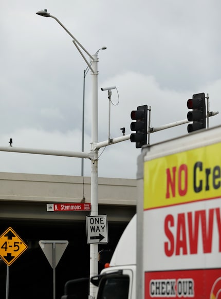 Cameras and other technology installed on traffic lights at Stemmons and Valwood in Dallas,...