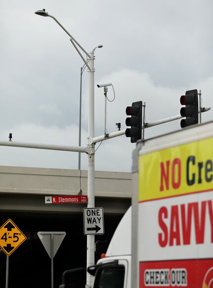 Cameras and other technology installed on traffic lights at Stemmons and Valwood in Dallas,...
