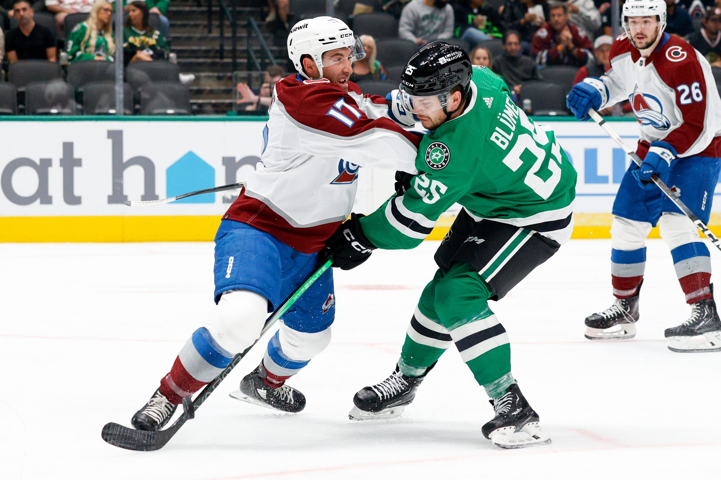 Colorado Avalanche defenseman Brad Hunt (17) and Dallas Stars right wing Matej Blumel (25)...