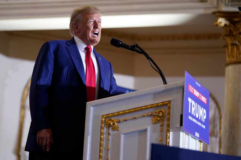 Former President Donald Trump speaks at his Mar-a-Lago estate Tuesday in Palm Beach, Fla.,...