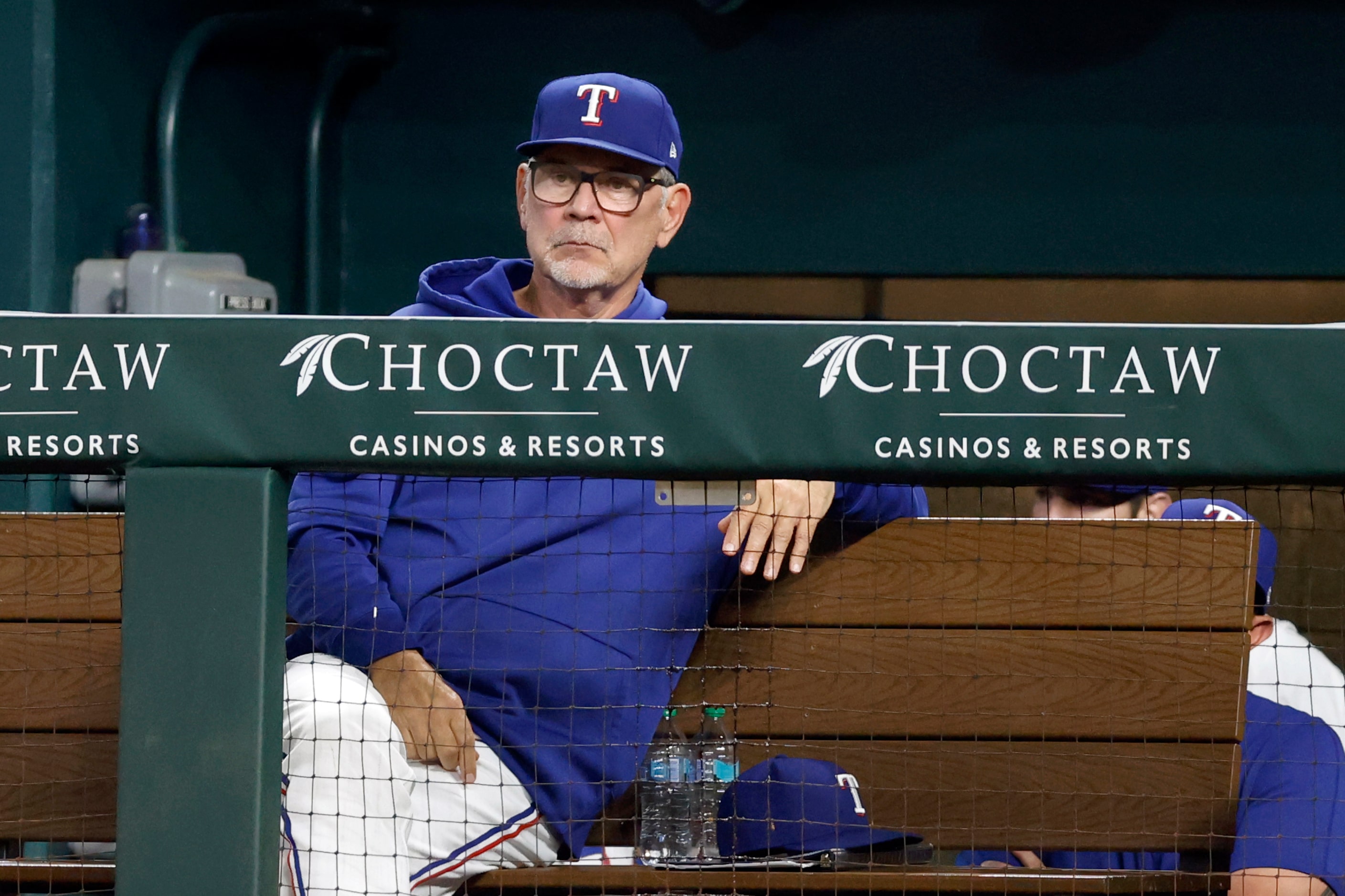 Texas Rangers manger Bruce Bochy watches a game against the Seattle Mariners, Saturday,...