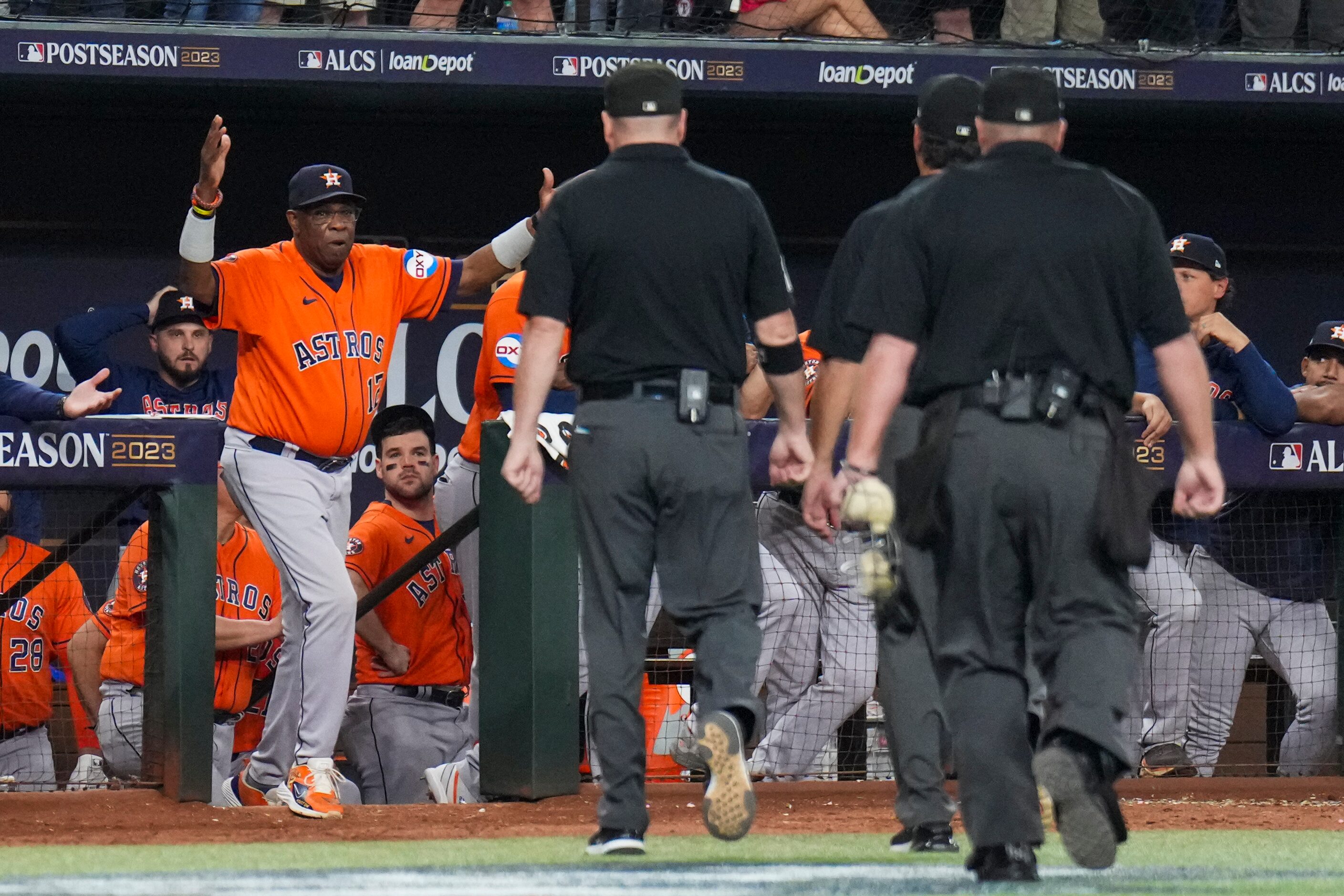 Houston Astros manager Dusty Baker reacts after being ejected during the eighth inning in...