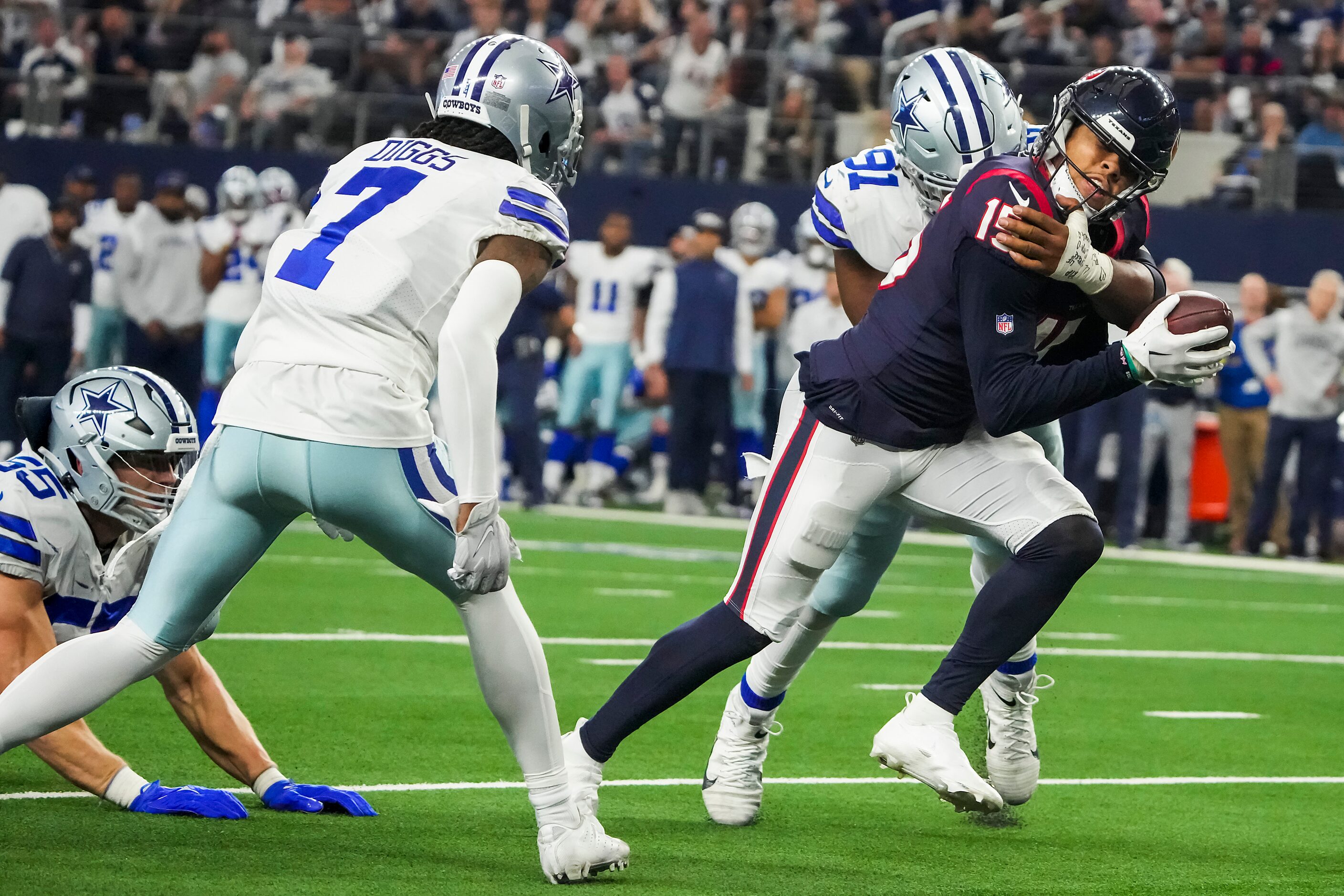 Houston Texans wide receiver Chris Moore (15) is stopped short of the end zone by Dallas...