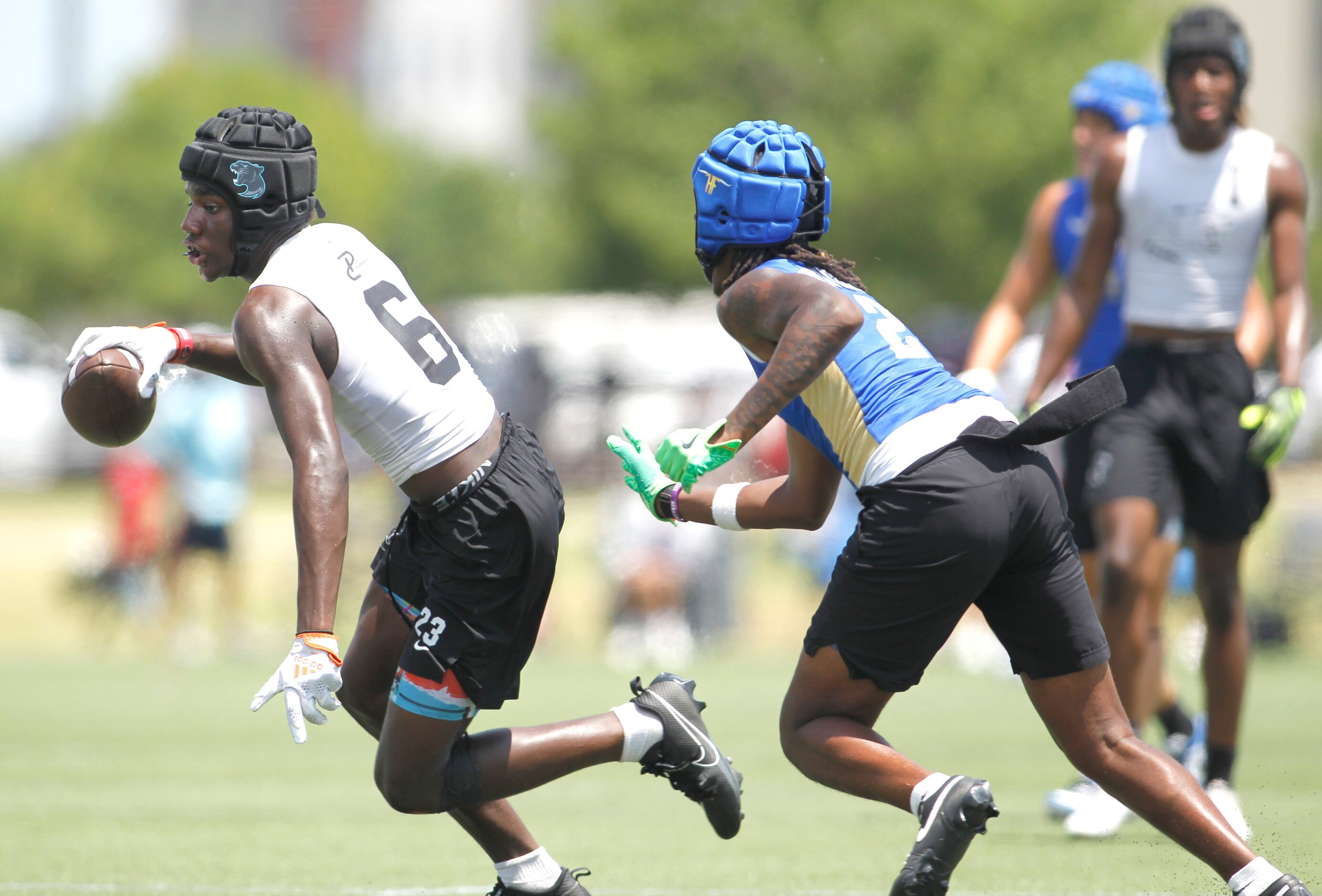 Frisco Panther Creek receiver Jalen Lott (6), left, tacks on extra yardage after a catch...