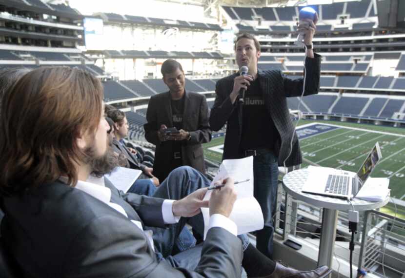 Swapnil Bora (left) and Corey Egan made the pitch for their LED lights at Cowboys Stadium in...