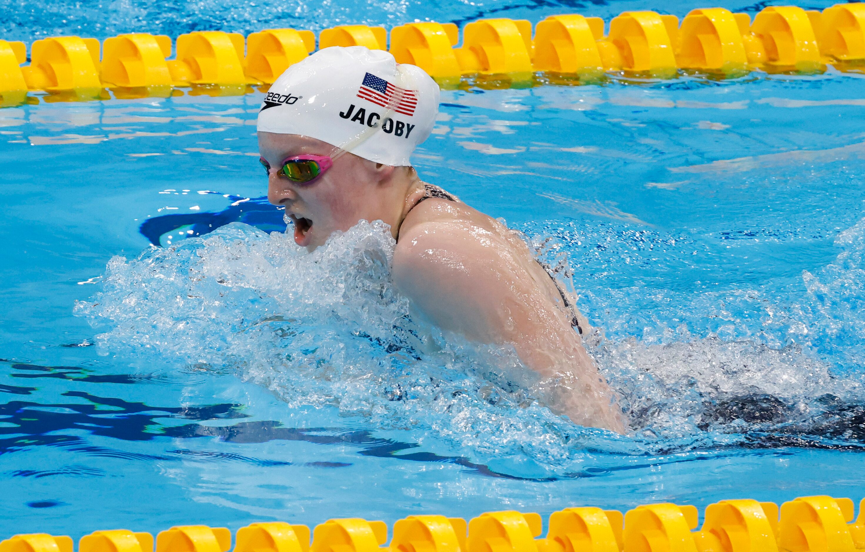 USA’s Lydia Jacoby competes in the women’s 50 meter breaststroke at a swim qualifying event...