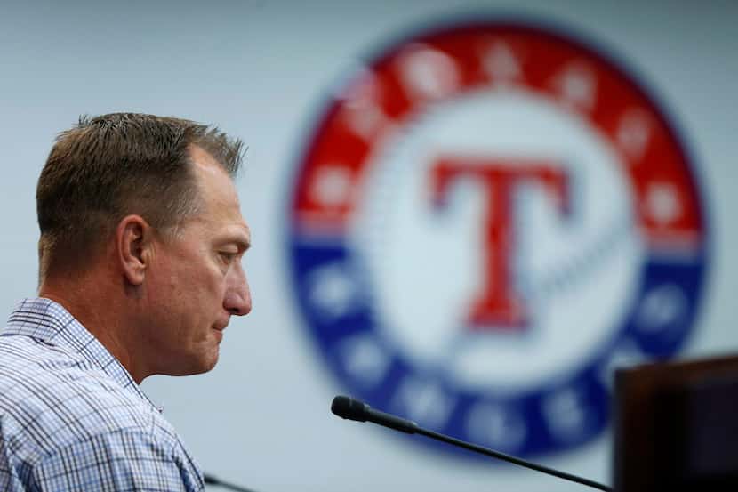 Texas Rangers Manager Jeff Banister answers questions during a press conference at Globe...