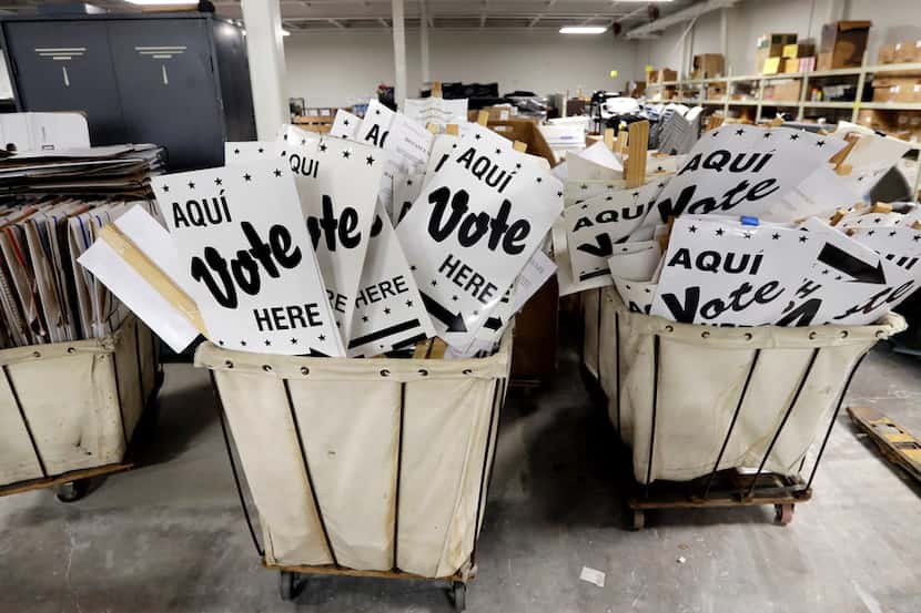 Bins of signs are seen in a storage are at the Bexar County Election offices on  Feb. 13,...