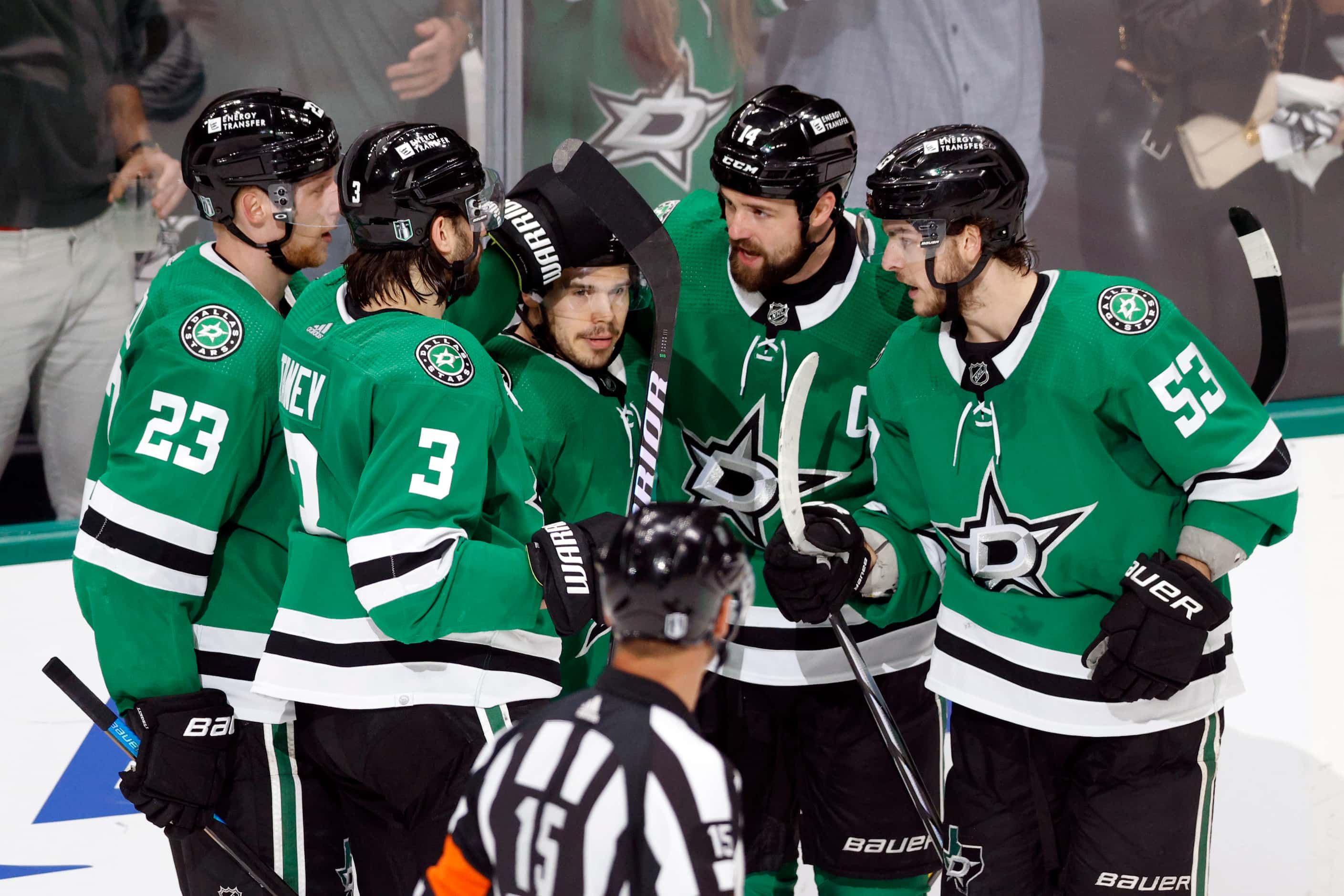 The Dallas Stars celebrate a goal by Dallas Stars center Logan Stankoven (11) during the...