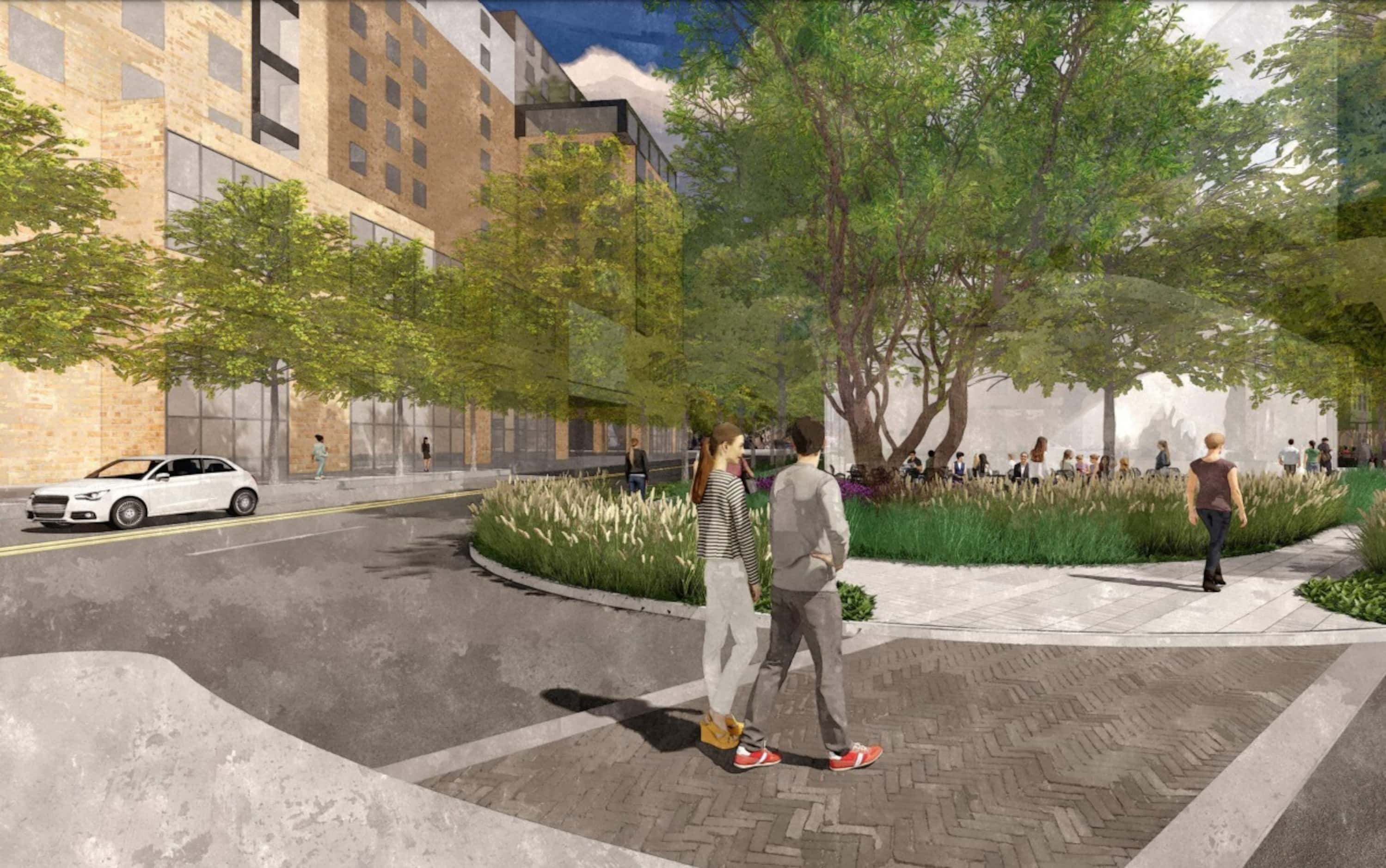Widened sidewalks and thoughtful landscaping are other key elements to Crescent's approach...