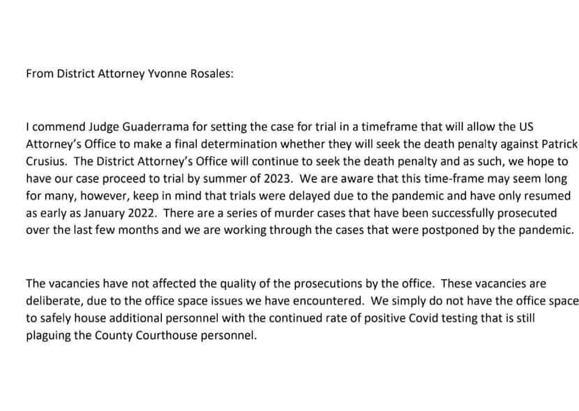 This is statement that El Paso District Attorney Yvonne Rosales issued to the Dallas Morning...