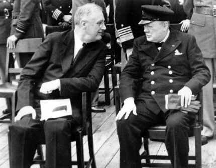 President Franklin D. Roosevelt, left, and British Prime Minister Winston Churchill confer...