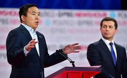 Entrepreneur Andrew Yang and Mayor Pete Buttigieg take part in the  Democratic primary...