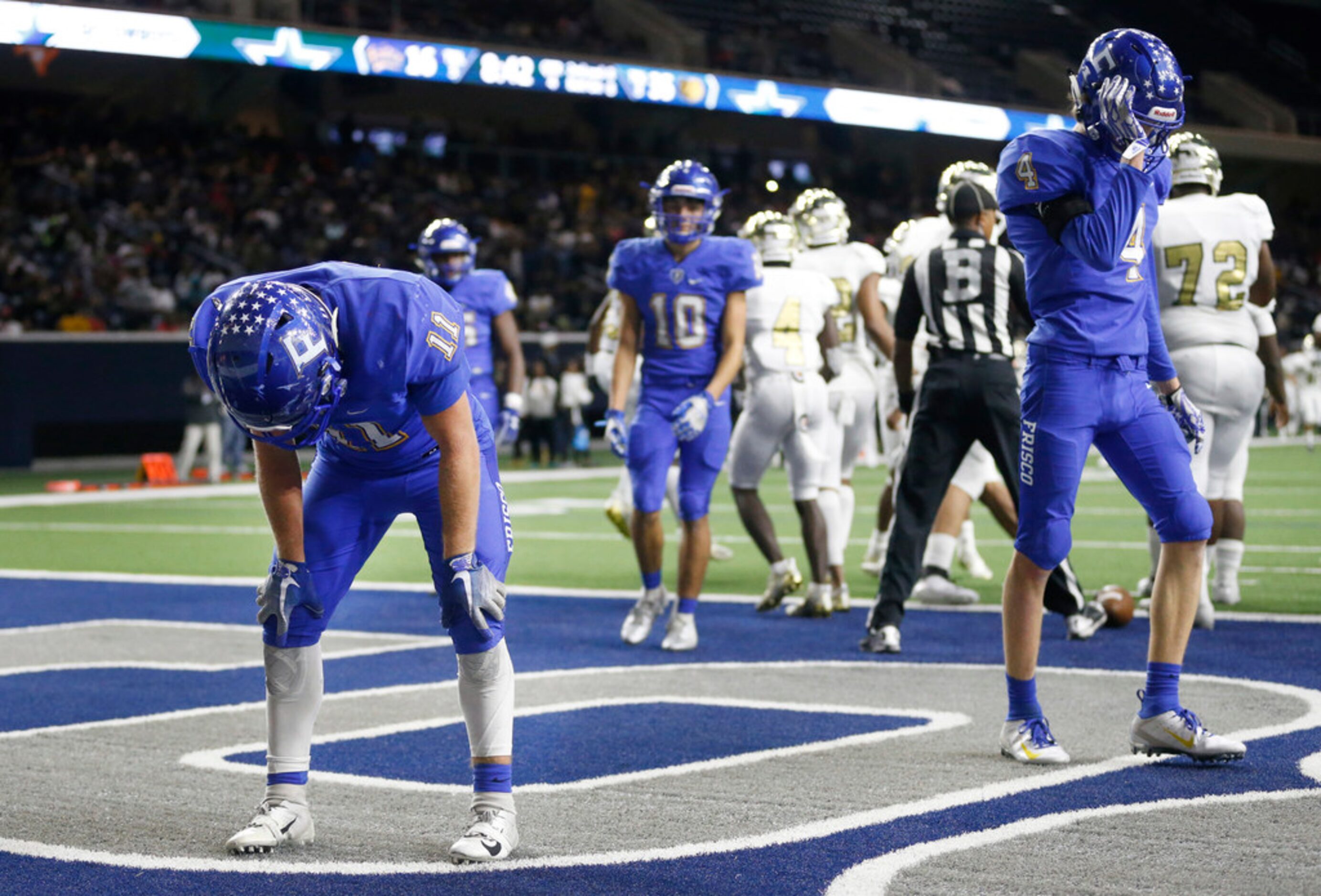 Frisco defensive back Jacob Stayman (11) collects himself after South Oak Cliff quarterback ...