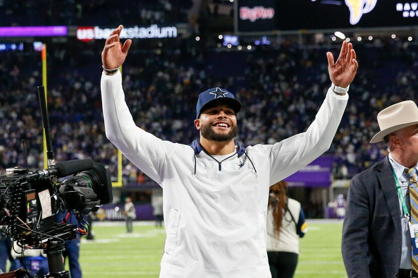 Dallas Cowboys quarterback Dak Prescott (4) celebrates  after winning an NFL football game...