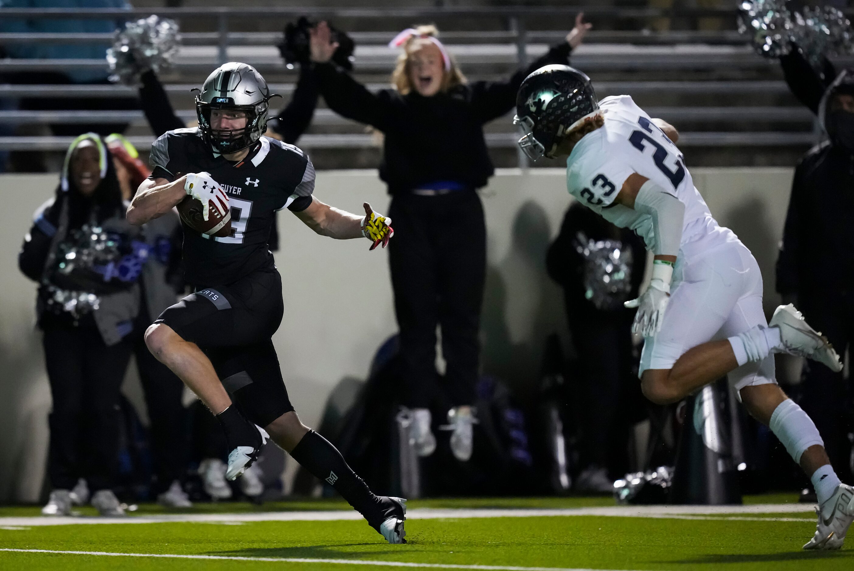 Denton Guyer wide receiver Grayson Obara (19) scores on a 44-yard touchdown reception past...